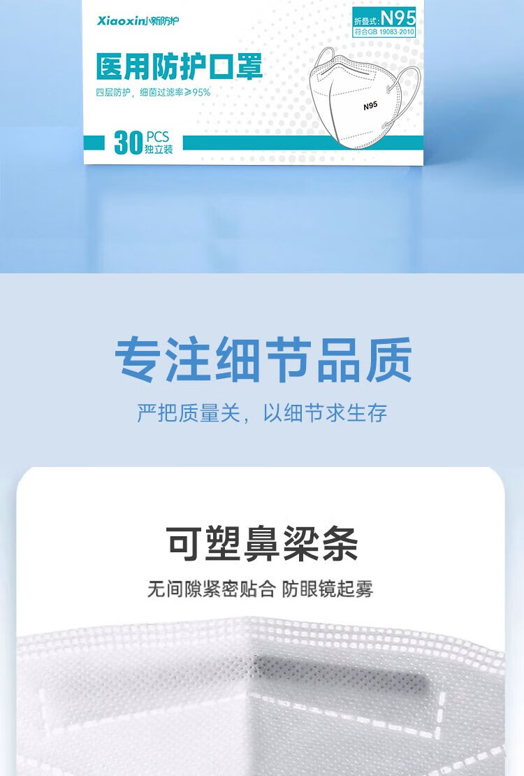 小新防护 甲流流感 折叠式n95口罩医用级别防护口罩 执行标准：GB19083-2010 N95医用口罩30只/盒