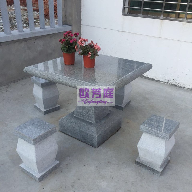 欧芳庭 户外石桌椅 凉亭石桌石凳 天然青石大理石室外庭院石桌子石凳 大理石方桌子桌面 公园休闲桌椅 一桌四凳