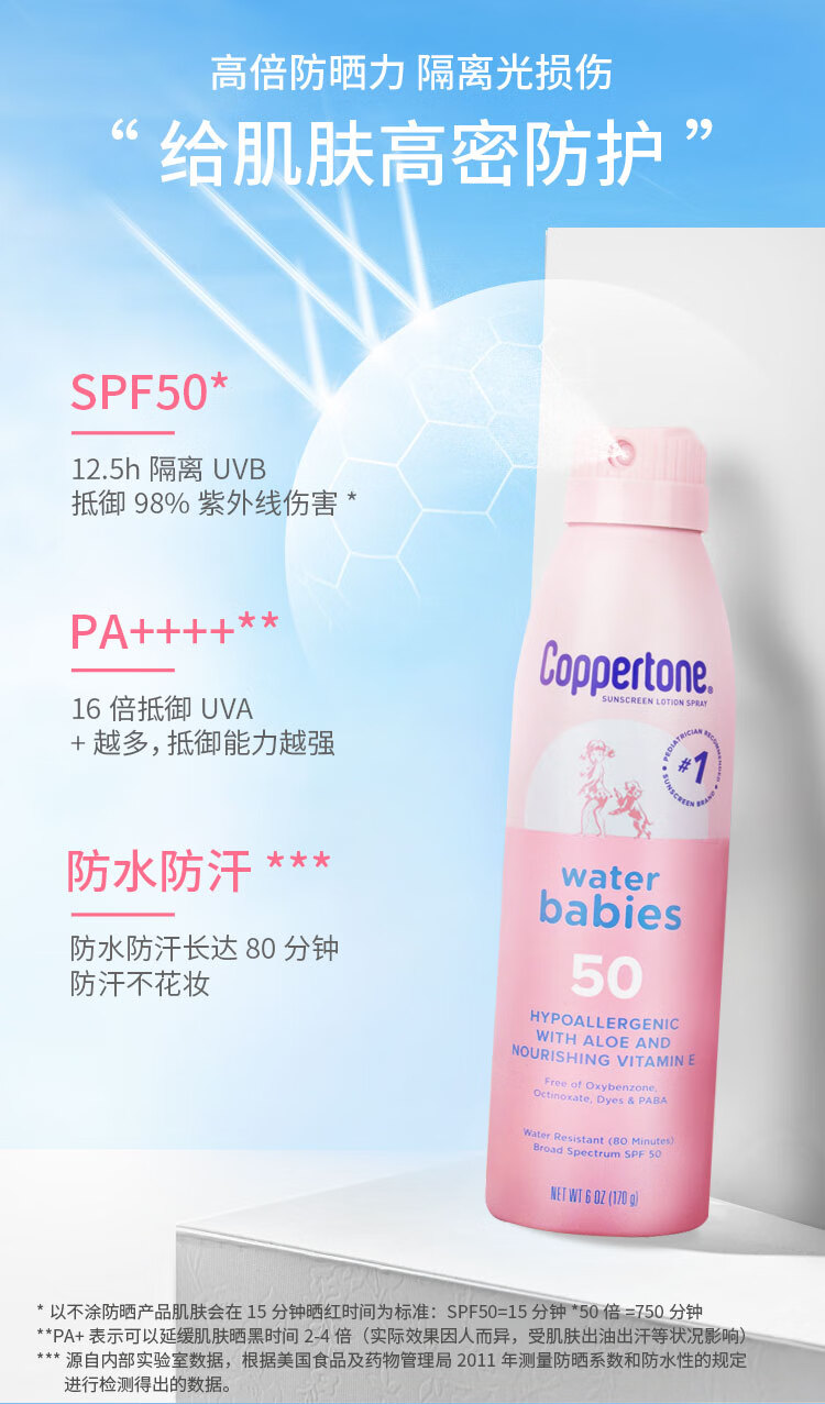 水宝宝（Coppertone）水宝宝防晒乳防晒喷雾军训出游旅行水润敏感肌儿童防晒SPF50 清透倍护防晒乳SPF50 237ml 无赠