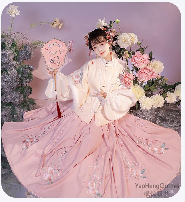 晴雅记汉服明制方领秋冬加绒毛领刺绣三件套粉色整套m