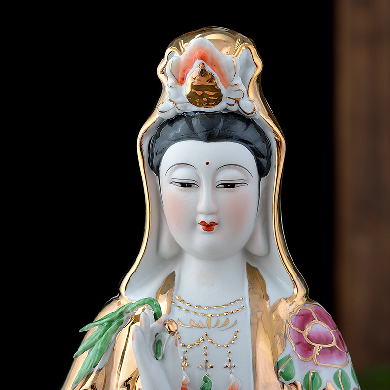 陶瓷坐莲观音佛像供奉摆件观音菩萨工艺品南海观音16寸金花观音六件套