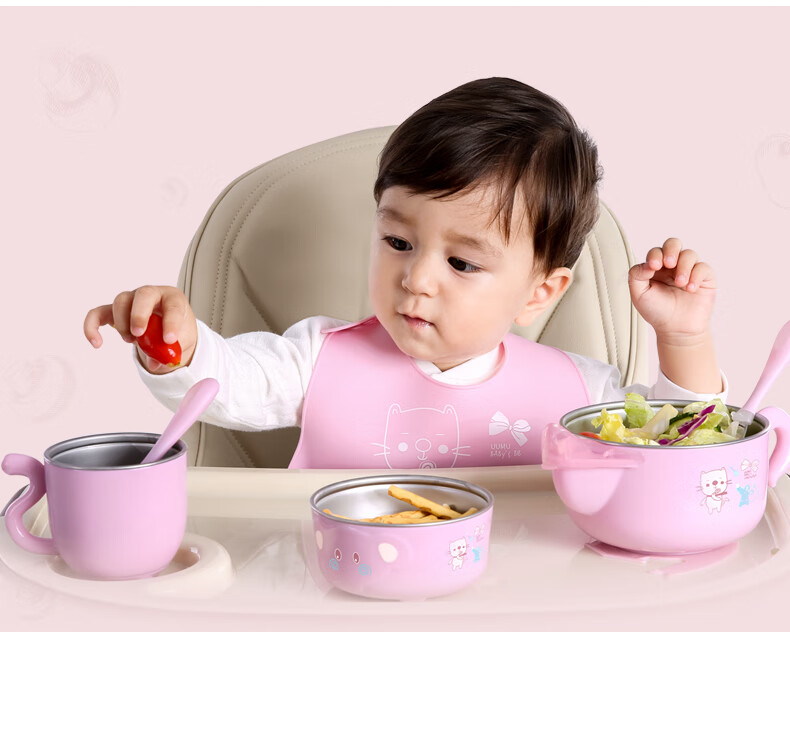 Kissbaby儿童餐具套装婴儿碗辅食碗婴儿碗勺套装 保温吸盘碗不锈钢防摔 宝宝餐具新生儿礼盒 樱花粉【三件套】
