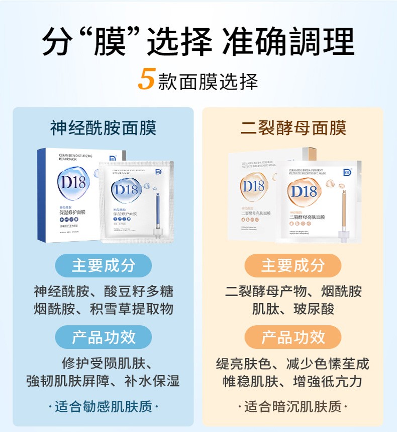 D18 神经酰胺面膜男女补水保湿提亮嫩肤紧致面部精华5片 角鲨烷五片装/盒