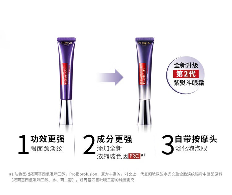 欧莱雅（L'OREAL）欧莱雅第二代紫熨斗眼霜玻色因保湿修护提拉紧致淡化细纹咖啡因 7.5ml*4【共30ml】