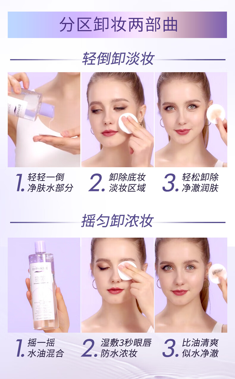蓓昂斯（BYPHASSE）净颜卸妆水温和眼唇卸妆油液深层清洁温和敏感肌适用 彩妆水油分离卸妆液 500ml