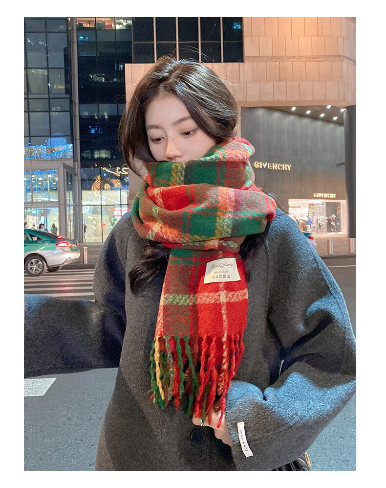 MAVM新年氛围感中国红色流苏女秋美妆冬新款针保暖韩版圣诞格子工具 红绿格子围巾
