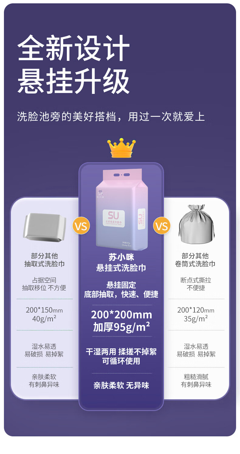 苏小咪一次性洗脸巾毛巾悬挂式洁面巾干湿两用棉柔巾擦脸巾500g/包全棉 加大加厚全棉500g【约140抽】