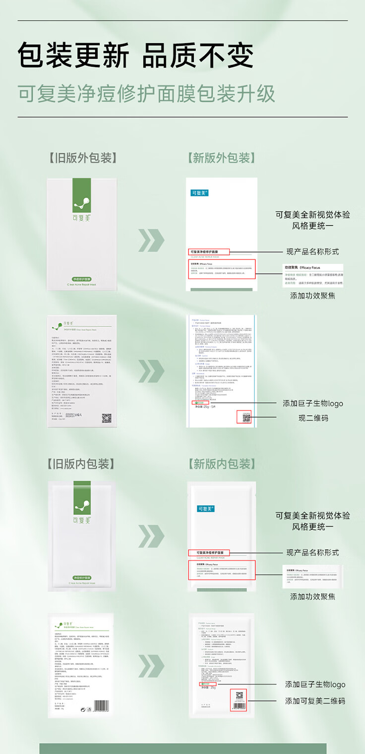 可复美小绿膜 净痘修护面膜 混油皮男女痘痘肌贴片清爽控油改善痘痕痘印 净痘修护面膜2片