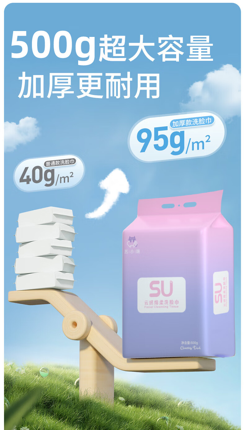 苏小咪一次性洗脸巾毛巾悬挂式洁面巾干湿两用棉柔巾擦脸巾500g/包全棉 加大加厚全棉500g【约140抽】