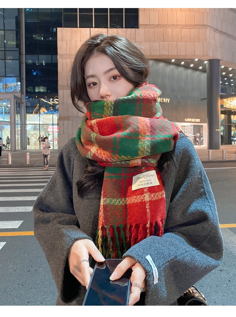 MAVM新年氛围感中国红色流苏女秋美妆冬新款针保暖韩版圣诞格子工具 红绿格子围巾