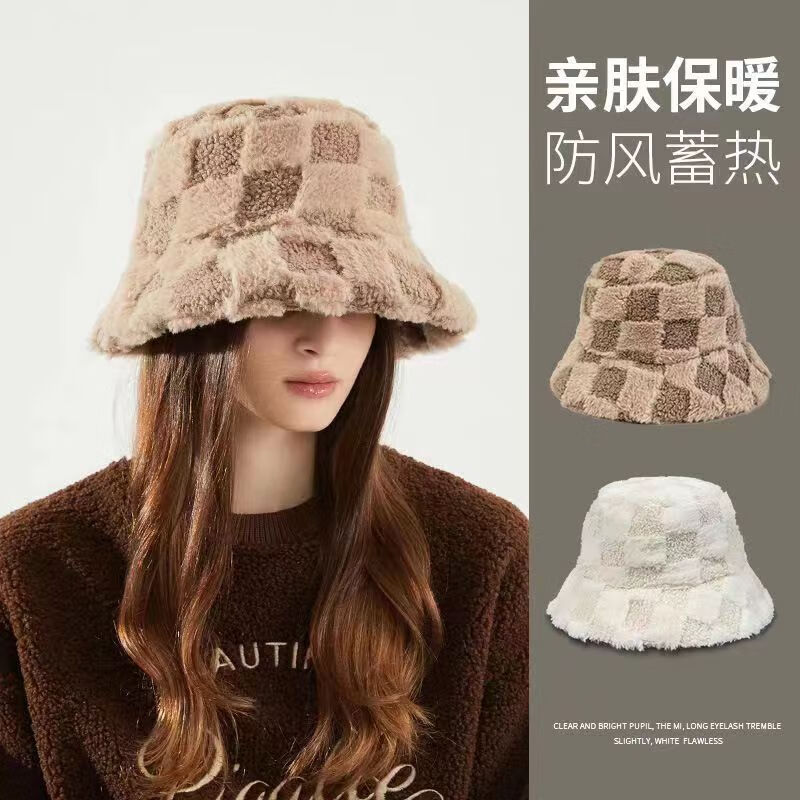 南暖美妆护肤美妆工具棋盘格毛绒渔夫帽百搭水桶帽加厚保暖2023新款 黑色