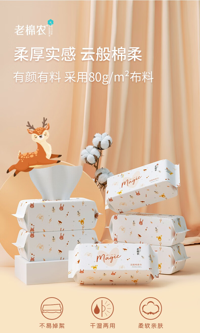 老棉农一次性洗脸巾加厚加大洁面巾擦脸巾美容院抽取式棉柔巾大包家庭装 【店长推荐】20*20cm60抽*6 包