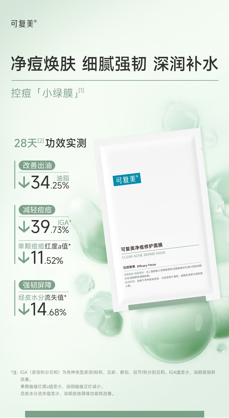 可复美小绿膜 净痘修护面膜 混油皮男女痘痘肌贴片清爽控油改善痘痕痘印 净痘修护面膜2片