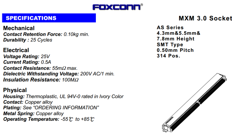 3，Foxconn/富士康連接器AS0B826-S55B-7H MXM 314P H=5.5