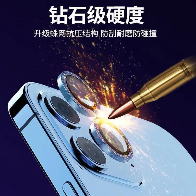 3，iPhone15Promax鏡頭膜分躰蘋果14後攝像頭鋼化膜14Pro金屬防爆貼 金色點鑽款【一個裝】 iPhone15plus15通用