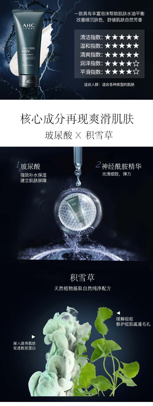 AHC男士洗面奶韩国洁面乳深层清洁去油淡化黑头痘痘收毛孔男士洁面乳 男士洗面奶 180ml