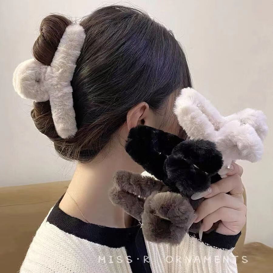 南暖美妆护肤美妆工具套装毛绒发夹抓夹发夹子ins高级感发抓毛毛 3个装【黑+米白+咖】 美拉德配色