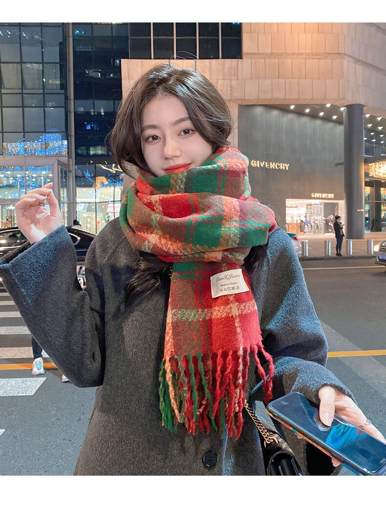 MAVM新年氛围感中国红色流苏女秋美妆冬新款针保暖韩版圣诞格子工具 红绿格子围巾