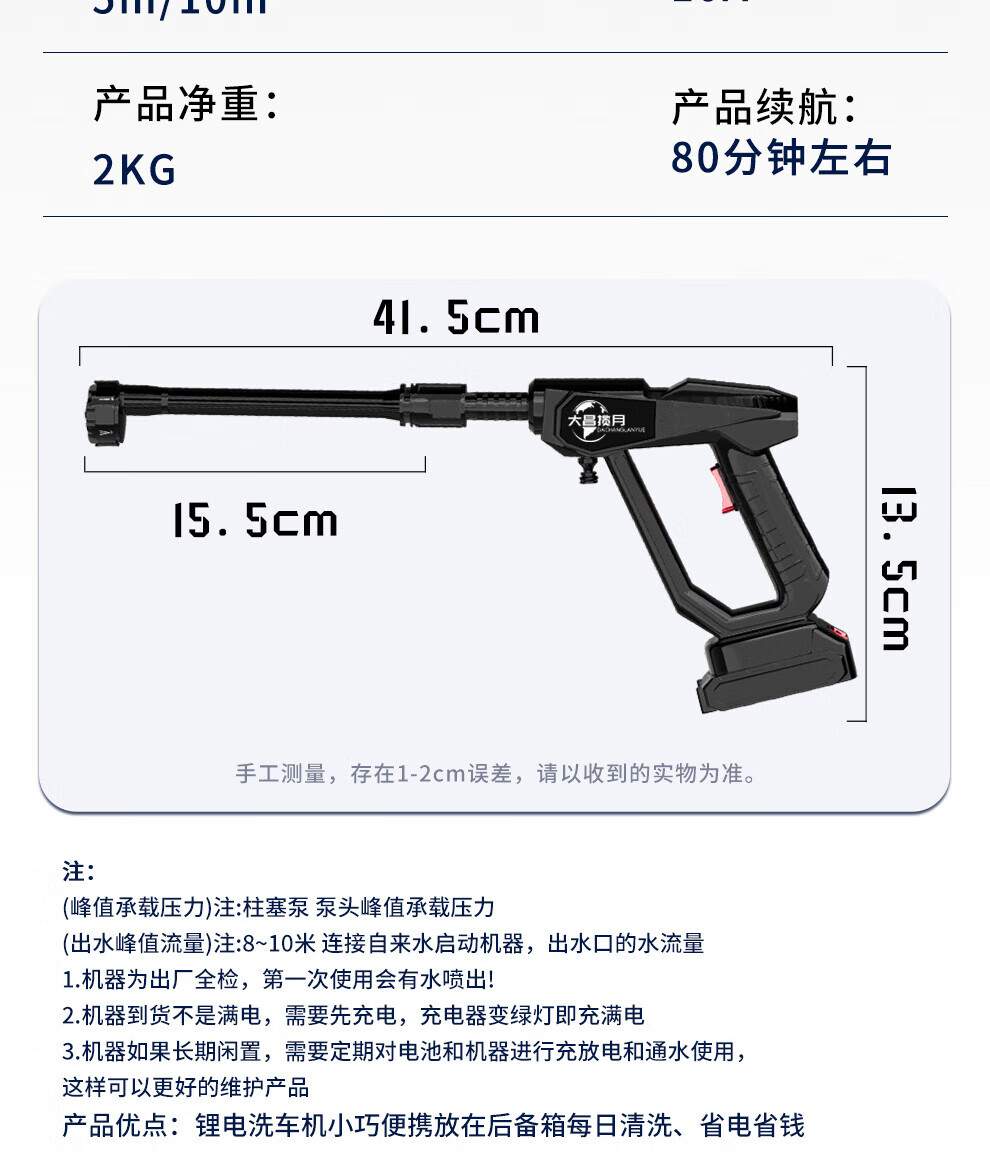 大昌揽月高压洗车水枪家用220v无线洗车高压水枪顶配款合一锂电洗车机大功率便携式刷车泵洗车神器 300W 【顶配款】 六合一喷头+双电+10m管 高压洗车水枪详情图片41