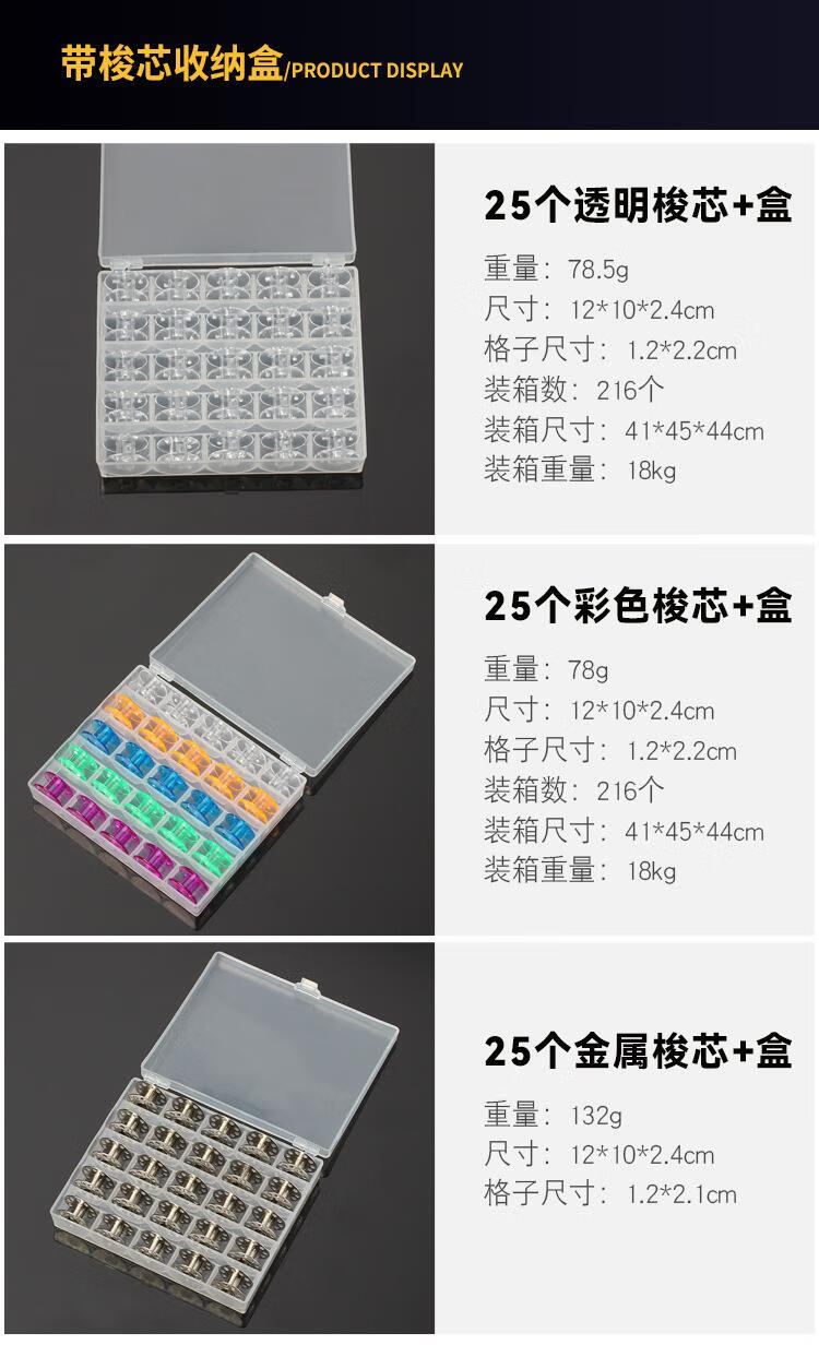 7，家用多功能縫紉機通用梭心彩色收納盒透明底線金屬帶線塑料梭芯 25格空梭芯盒 家用款