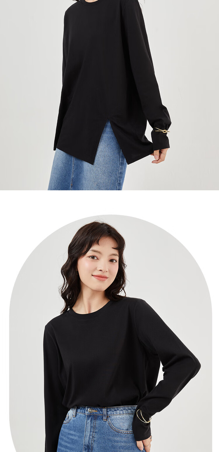 Женская футболка Giordano с длинным рукавом, модель 05324800, весна 2026, из 100% хлопка, с круглым вырезом и боковым разрезом, свободный крой