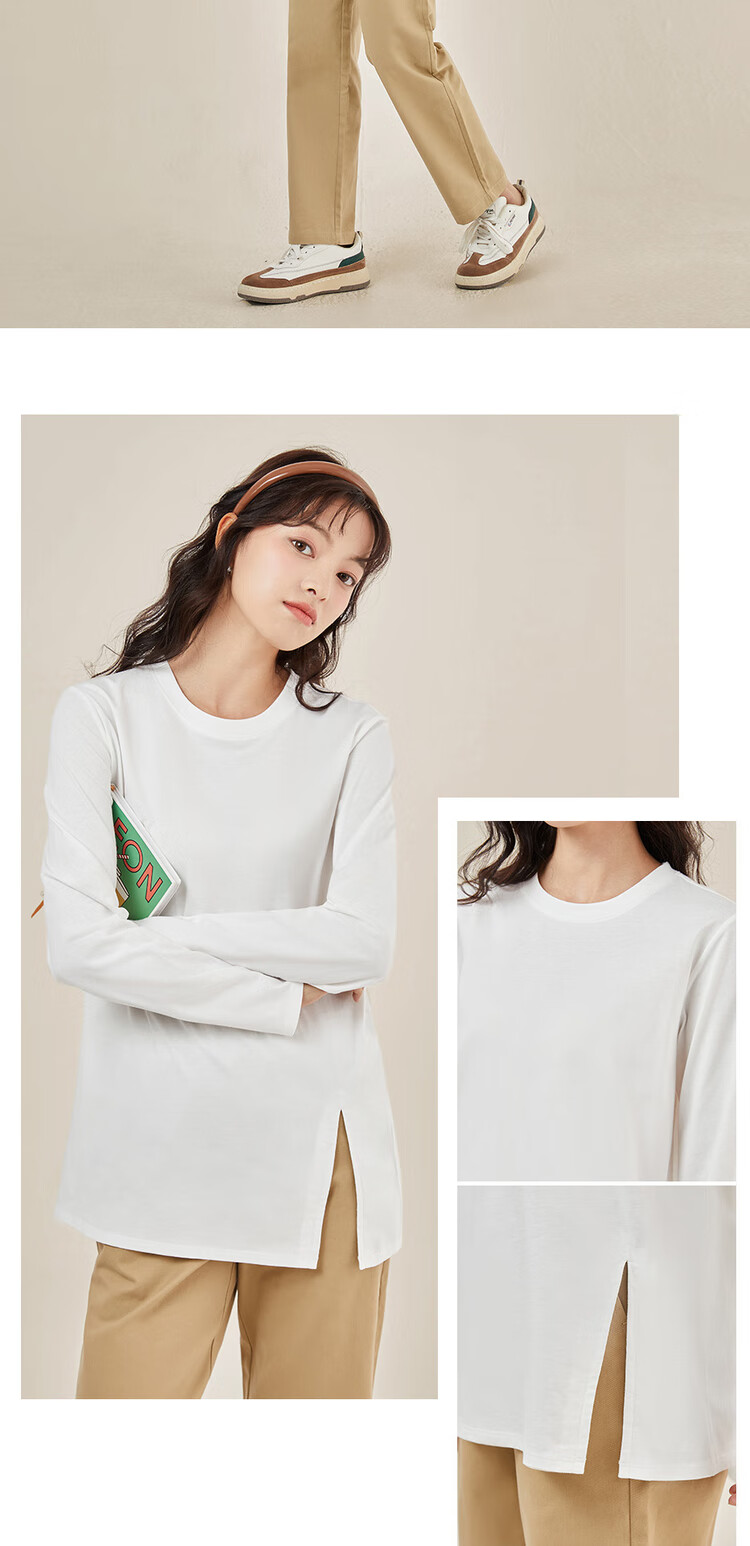 Женская футболка Giordano с длинным рукавом, модель 05324800, весна 2026, из 100% хлопка, с круглым вырезом и боковым разрезом, свободный крой