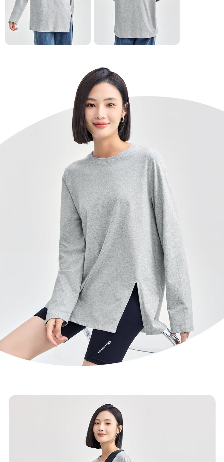 Женская футболка Giordano с длинным рукавом, модель 05324800, весна 2026, из 100% хлопка, с круглым вырезом и боковым разрезом, свободный крой