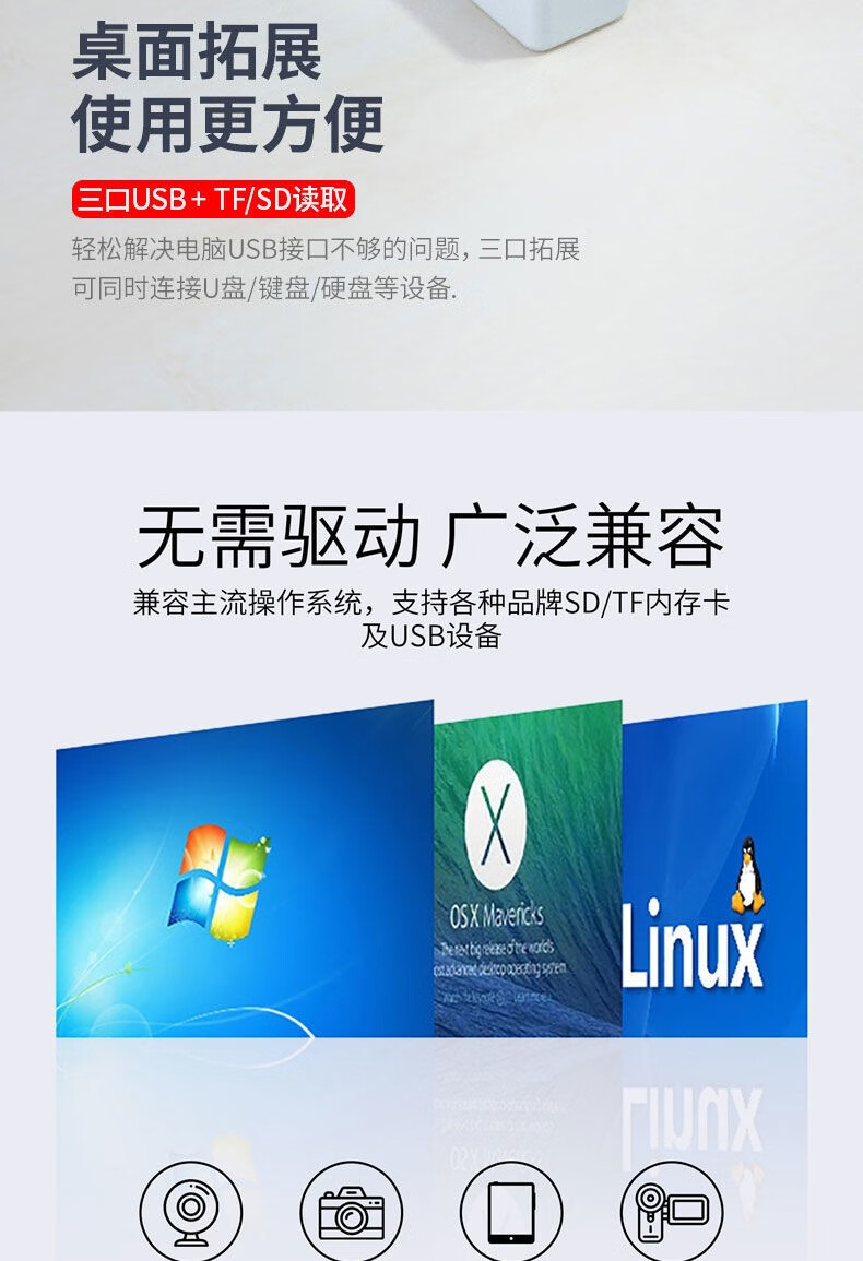 电脑usb接口转换器分线器扩展u盘otg多功能TF/SD相机内存卡读卡器 【3USB+SD/TF】电脑专用