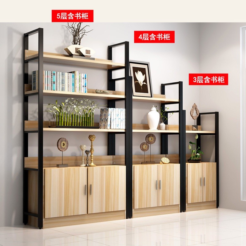 科仕隆 书架落地简易书架简约钢木多层储物展示架铁艺货架落地客厅收纳置物架可定制 100*30*153四层带柜 颜色备注