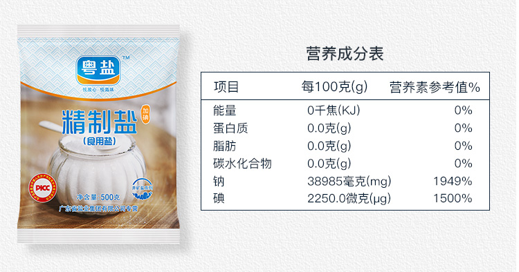粤盐 加碘精制食盐500g*5袋 一级深井矿盐岩盐 细盐粉盐含碘食用盐火锅调味料