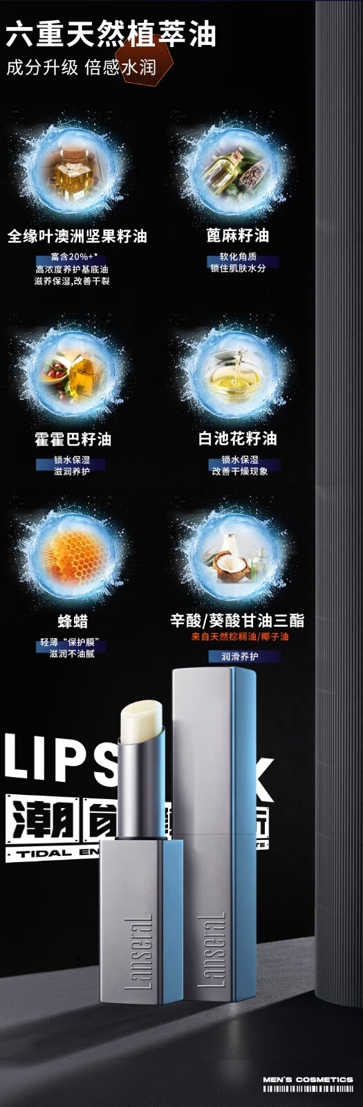 蓝系（Lanseral） 蓝系男士润唇膏保湿防干裂滋润送男生专用护唇膏换季改善唇纹 一支