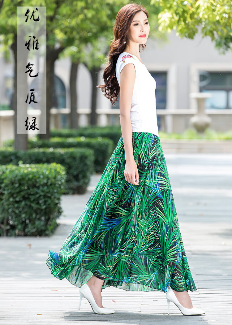 中年过膝夏季半身裙 夏季雪纺半身长裙女印花跳舞大摆