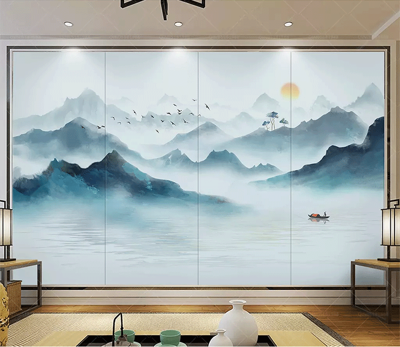 新中式水墨山水画电视背景墙壁纸现代简约客厅无缝壁画影视墙装饰