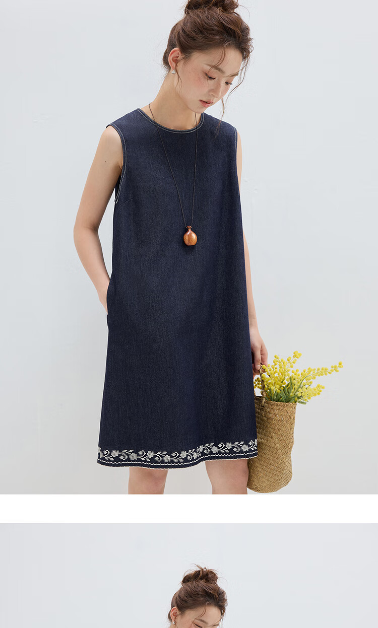 Джинсовое платье Giordano, женское, летнее, с вышивкой, круглым вырезом, без рукавов, модель 18465809