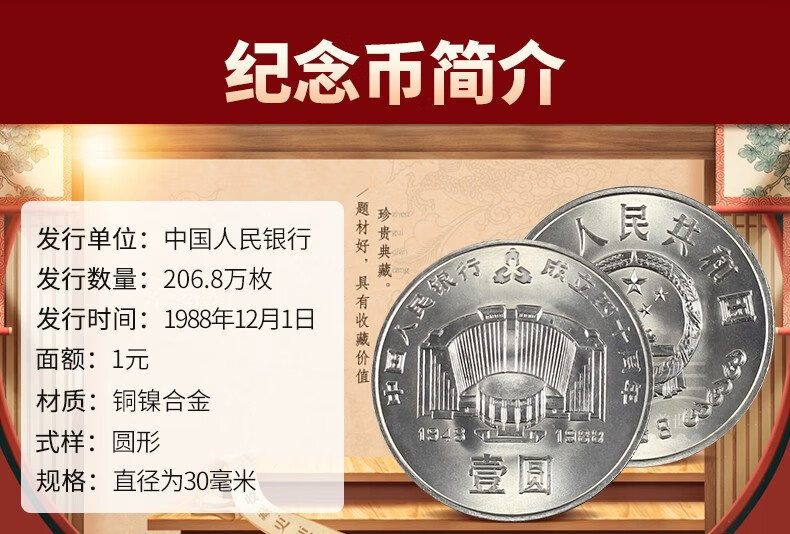 4，1988年人民銀行成立40周年建行40周年紀唸幣幣王收藏真品硬幣 40周年紀唸幣（美品）