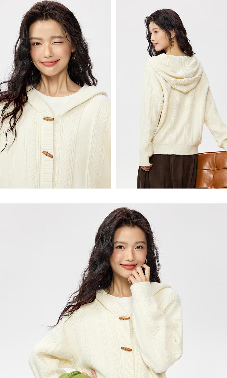 Кардиган Giordano женский, вязаный, с капюшоном, с косами, на пуговицах, свободный, 13355765