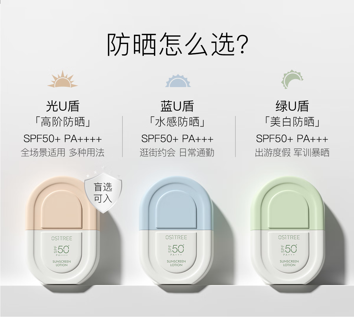 柳丝木（Ositree）动感骄阳清透防晒乳霜露SPF50+PA++++高倍防晒保湿脸部女防水学生 光U盾50g+蓝U盾50g+绿U盾50g