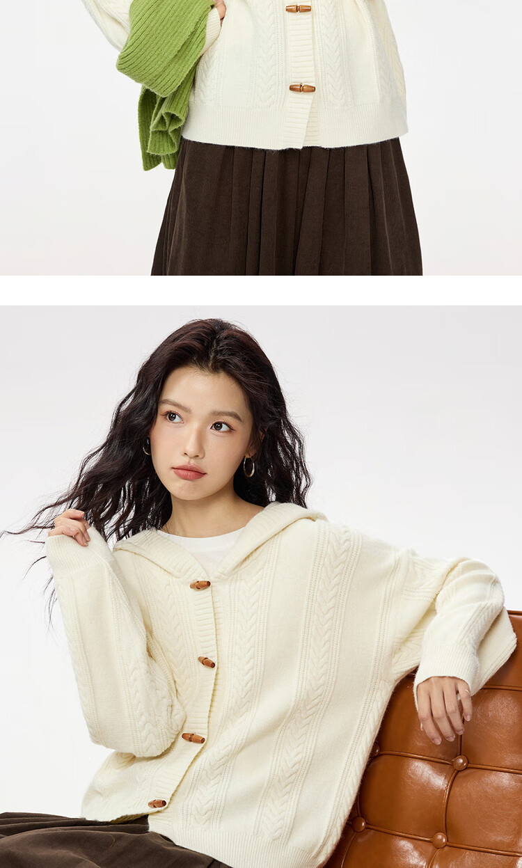 Кардиган Giordano женский, вязаный, с капюшоном, с косами, на пуговицах, свободный, 13355765