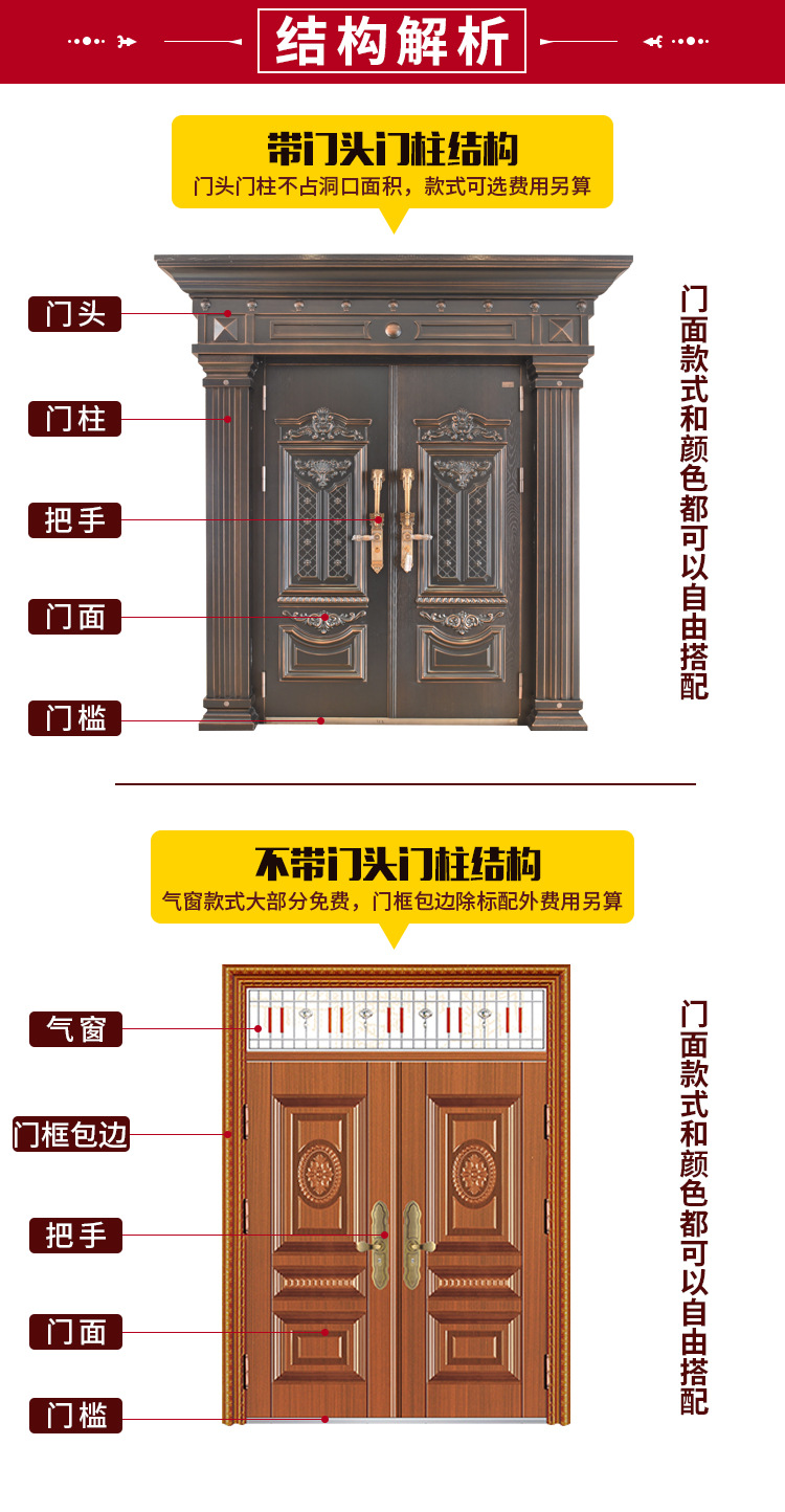 大门双开门 仿铜门别墅对开门安防盗门入户门进户大门钢制 仿紫铜