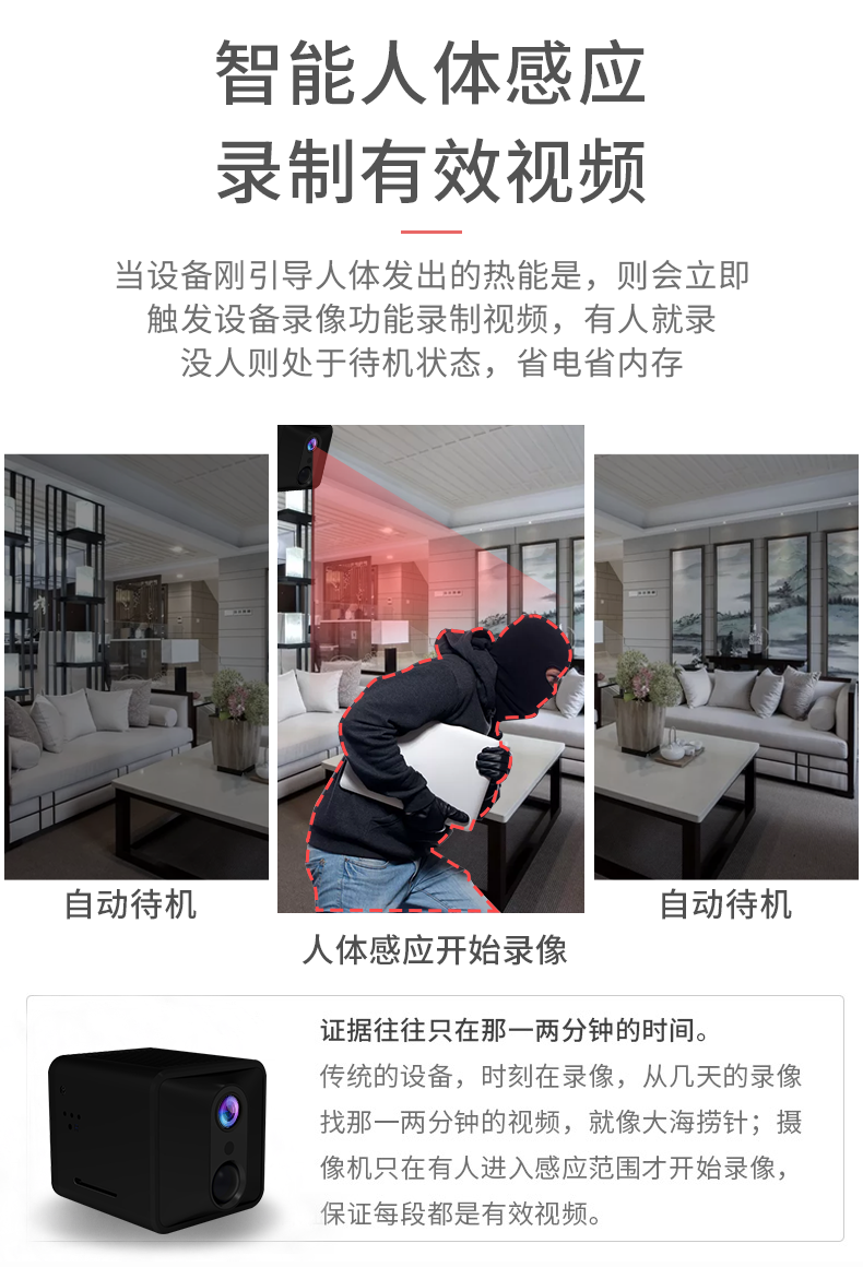 免网络高清车内摄像机视频探头 人体感应待机1年款 1万毫安充电宝 16g