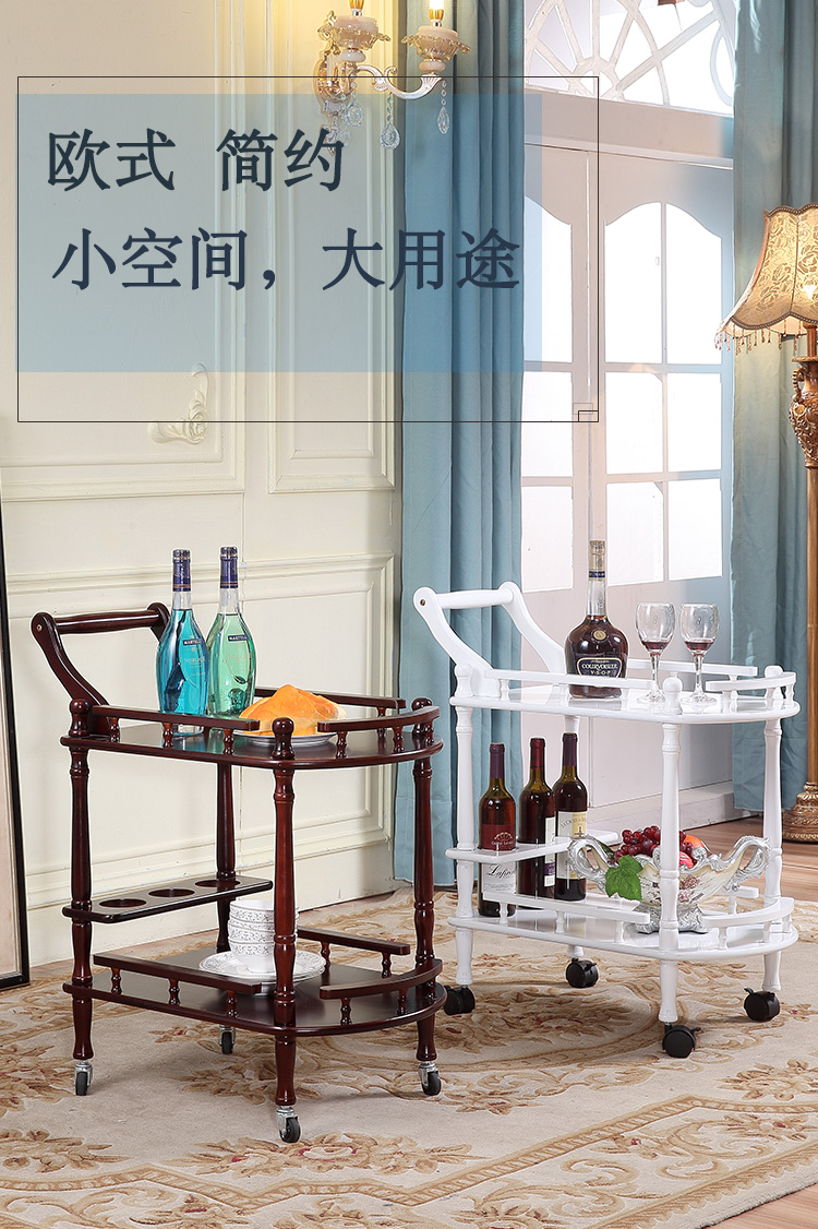 多颂 实木餐车酒水车酒店餐厅送餐车4S店茶水车美容院移动车置物架 酒红色加大款(长70宽45高90)