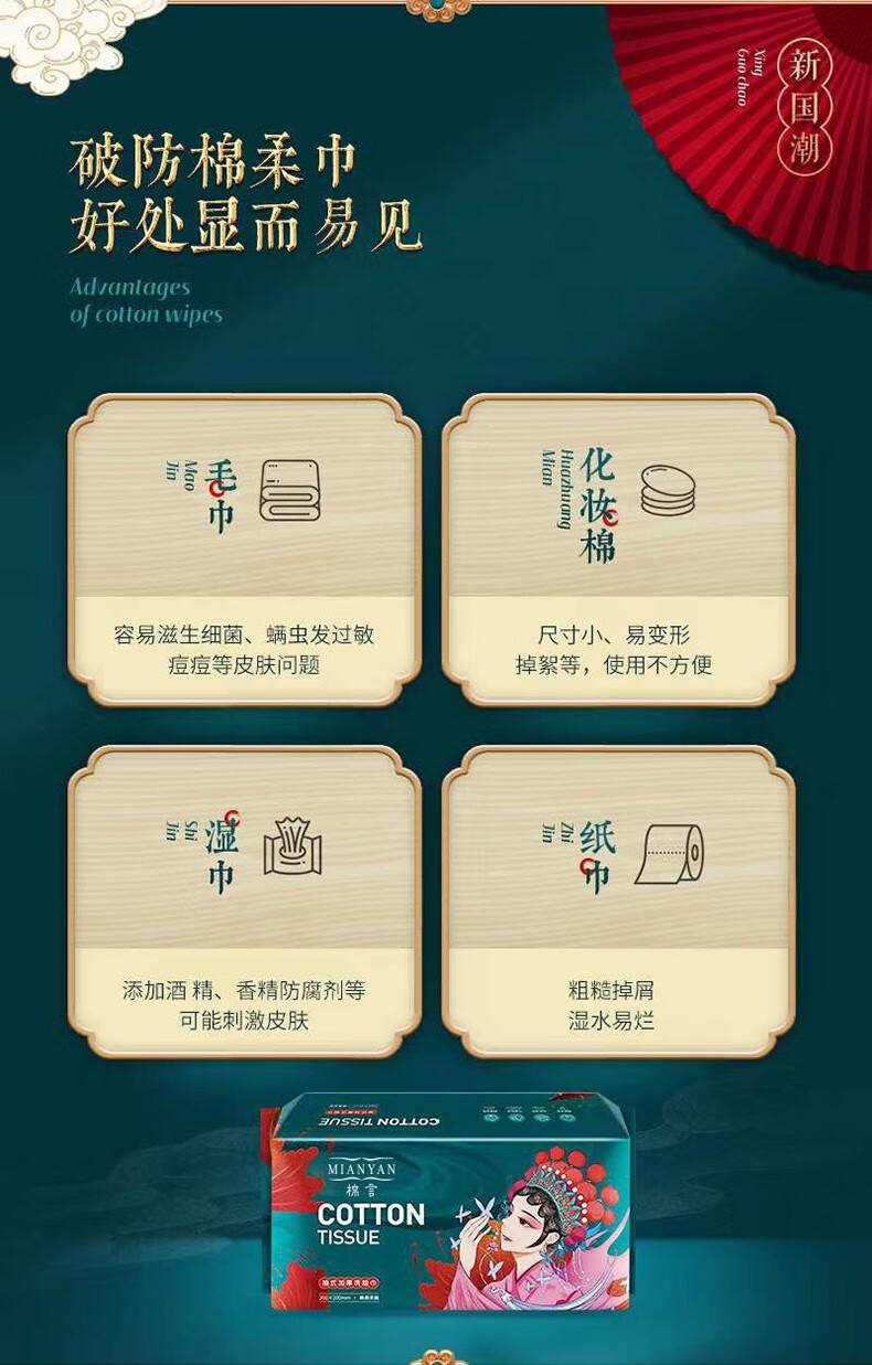 棉言（MIAN YAN） 国潮加厚洗脸巾一次性棉柔洗面巾擦脸巾珍珠纹干湿敷化妆卸妆棉 国潮绵柔洗脸巾*8包