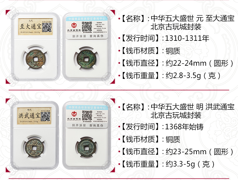 6，真典 古錢幣收藏 真品古代銅錢 中華五大盛世 5枚封裝鋻定真品