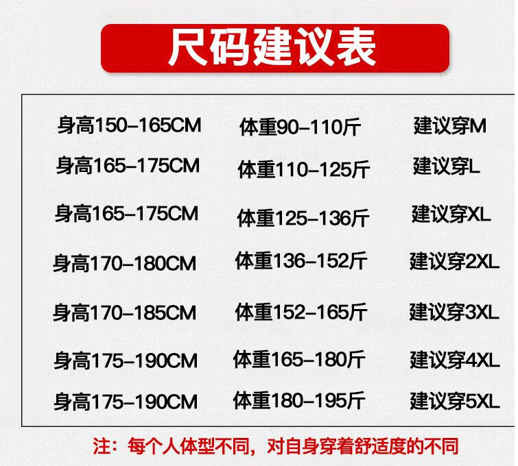 尺码建议表身高150-165cm体重90-110斤建议穿m身高165-175cm体重110