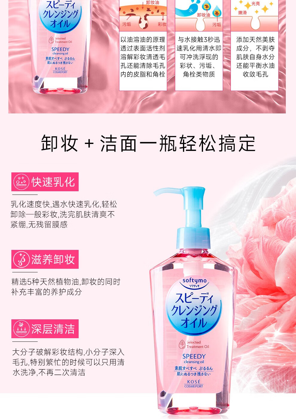 高丝（KOSE）温和卸妆油眼脸唇全脸可用温和清洁敏感肌无忧养肤级卸妆油  230ml*3三瓶装【闺蜜分享装】