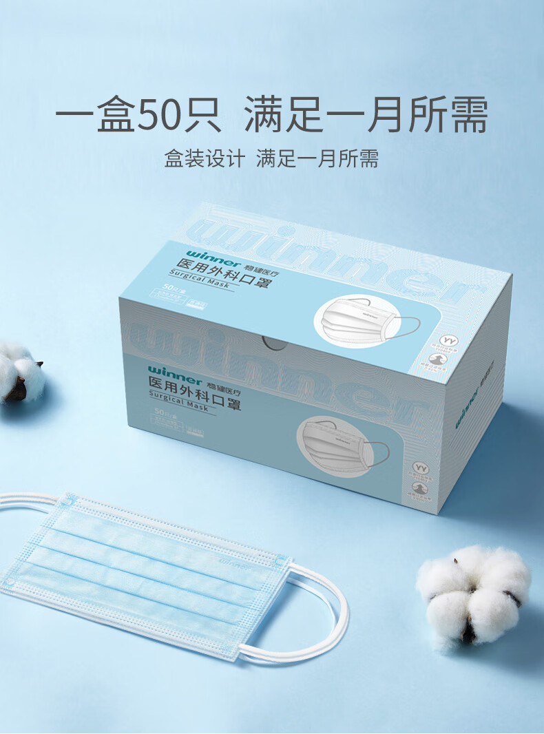 稳健医用外科口罩 一次性医用口罩成人稳健口罩 医用防细菌防喷沫日用防护外科口罩医用 非独立 50只/盒（3盒）