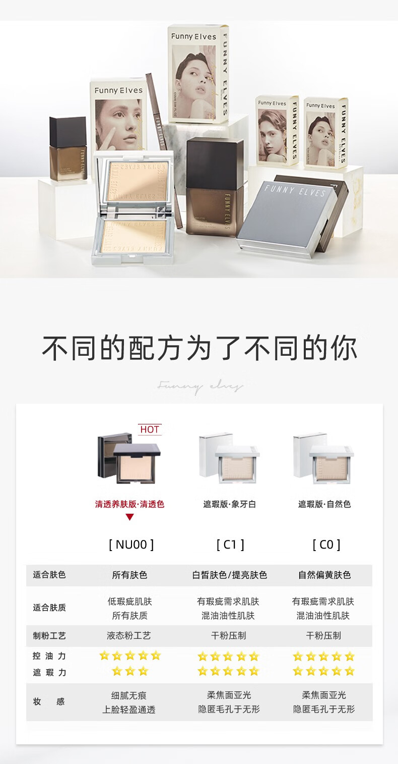 Funny Elves方里粉饼FE感光eleves柔焦蜜粉饼控油定妆持久清透遮瑕圣诞节礼物 FE清透养肤粉饼NU00