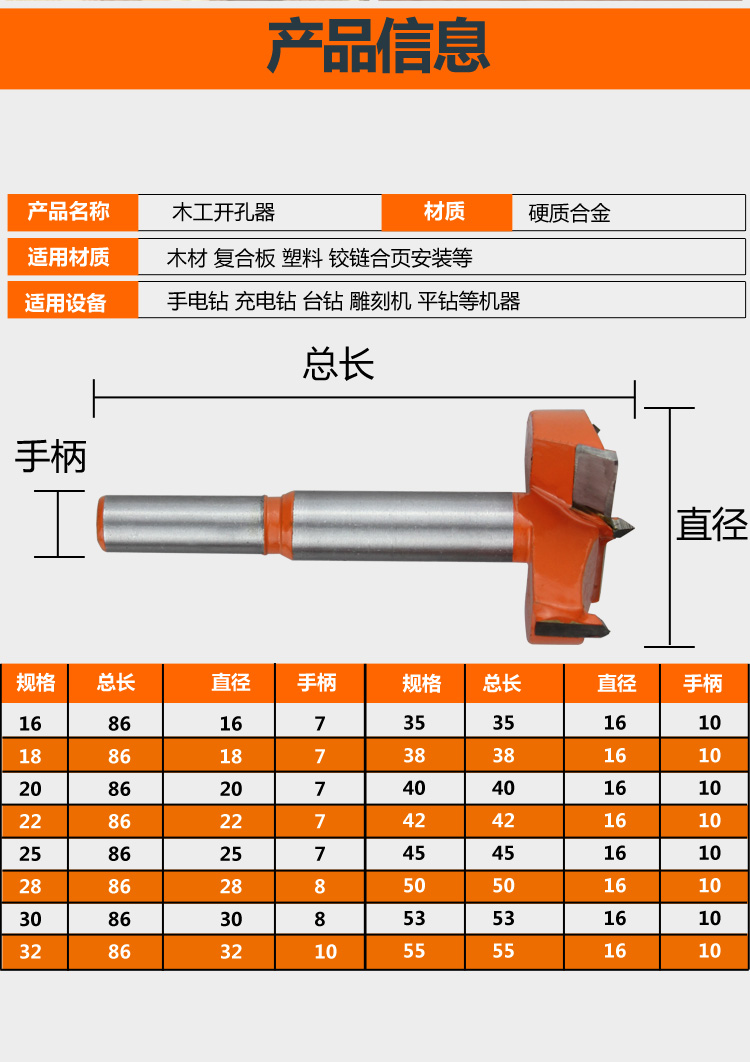 开孔器木工加长型扩孔器圆形桌面木板打孔器工具门锁铰链钻头 直径