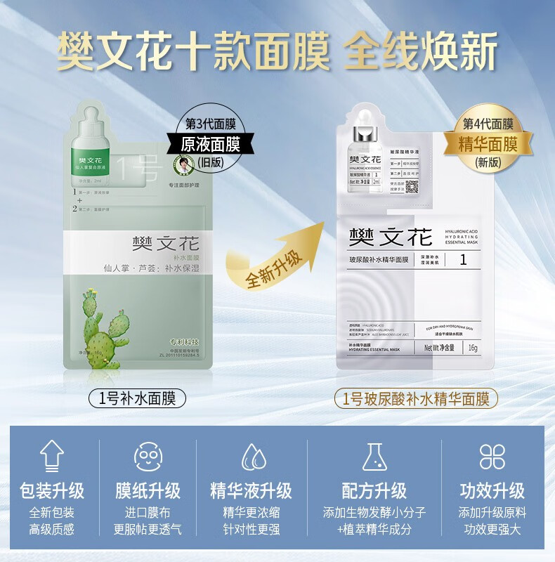 樊文花（fawa）【试用装】1号玻尿酸补水精华面膜透明质酸保湿贴片面膜 3片装