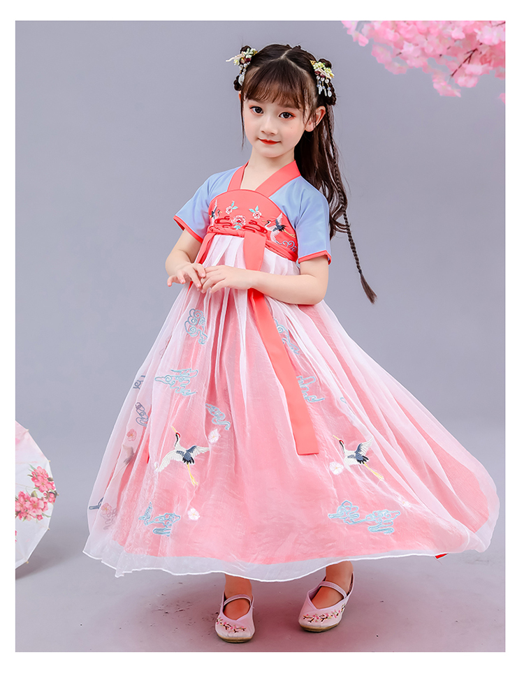 汉服2019夏装新款儿童古装齐胸襦裙唐装秋装中国风超仙连衣裙 粉红色